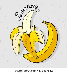 Color illustration Banana with caption fruit name on a gray scratched background.