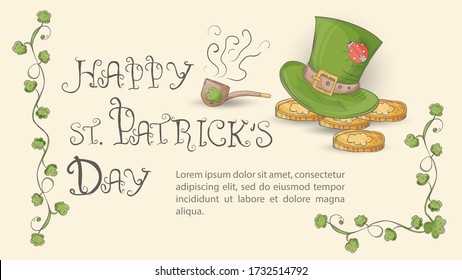 color illustration banner for the design on the theme of St. Patrick's day in the style of Doodle, the inscription congratulations green cap leprechaun with coins, Smoking pipe, frame of clover