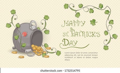 color illustration of a banner for a design on the theme of St. Patrick's day in the style of a Doodle, the inscription greeting the leprechaun's cauldron lies on the floor with gold coins 