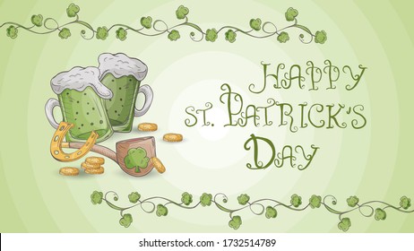 color illustration banner for St. Patrick's Day Doodle style design, greeting inscription, Irish beer glasses, tobacco pipe, gold coins clover frame