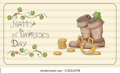 color illustration of a banner for St. Patrick's Day design in the style of a Doodle, an inscription of congratulations among clover, Irish boots among coins and horseshoes