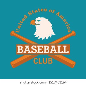 Color illustration baseball club emblem. Vector illustration of eagle, text and bat on a blue background.