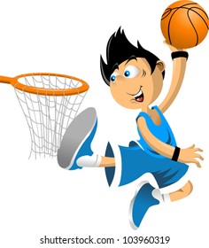 Color illustration. Basketball player throws the ball in the basket;