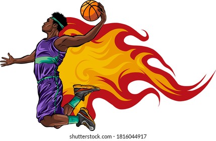 Color illustration. Basketball player throws the ball in the basket