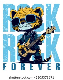 Color illustration of bassist cat in cartoon style with rock related text. Art for printing on t-shirts, posters and etc...