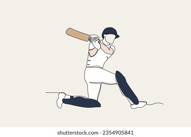 Color illustration of a batsman hitting a ball. Cricket one-line drawing