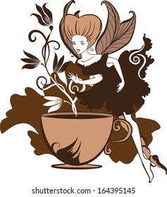 Color illustration of a beautiful coffee's fairy on a floral background