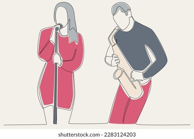 Color illustration of a beautiful woman singing on stage. Music band one-line drawing
