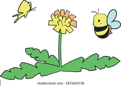 
It is a color illustration of a bee, a butterfly and a dandelion.