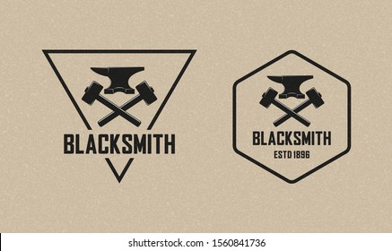 Color illustration of a blacksmith logo with grunge texture. Vector illustration of a hammer, anvil and text with background with grunge texture. Professional metal work