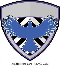 Color illustration of blue bird silhouette with wings spread open inside shield with stripes and empty blank space across top. Illustrator eps vector graphic design.