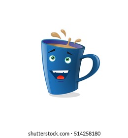 Color illustration of blue cartoon funny happy mug on the white background