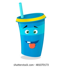 Color illustration of a blue cartoon paper cup with straws that one tooth and showing tongue