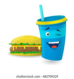Color illustration of a blue cartoon paper cup with straws  that playfully winks with burger
