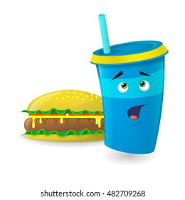 Color illustration of a blue cartoon paper cup with straws that surprised with burger