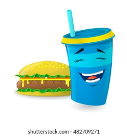 Color illustration of a blue cartoon paper cup with straws which laughs  with burger