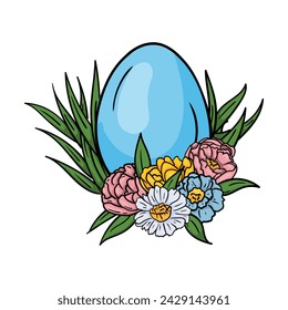 Color illustration of a blue Easter egg in grass and flowers. Isolated image on white background for postcard and print