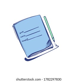 Color illustration of a blue school notebook with a pen.Stock vector illustration on a white background. For a logo, for icons in social networks.