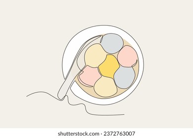 Color illustration of a bowl of tangyuan. Dongzhi festival one-line drawing