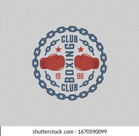 Color illustration of a boxing club logo. Vector illustration of a boxing glove, chain, text and stars on a background with grunge texture. Illustration on the theme of sports.