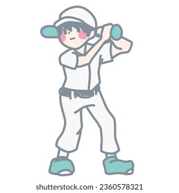 Color illustration of a boy in a baseball uniform holding a bat.