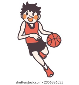 Color illustration of a boy happily playing basketball.