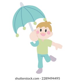 Color illustration of a boy holding an umbrella with a smile, without main line.