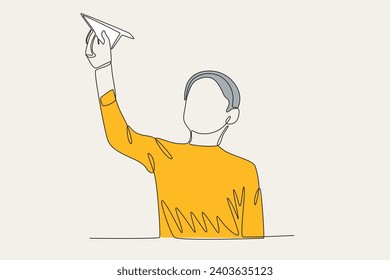 Color illustration of a boy playing with a paper airplane. Paper plane one-line drawing