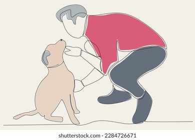 Color illustration of a boy stroking a puppy's neck. Walking or playing with dog one-line drawing