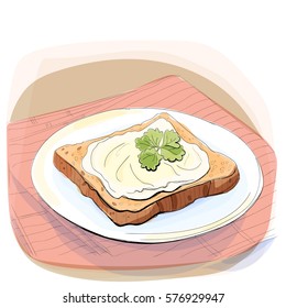 Color illustration of bread with butter and parsley on a plate