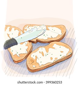 Color illustration of bread spread with cream cheese