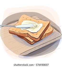 Color illustration of bread spread with cream cheese and butter on board