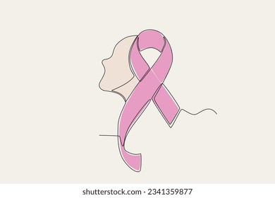 Color illustration of a breast cancer awareness ribbon. Breast cancer awareness month one-line drawing