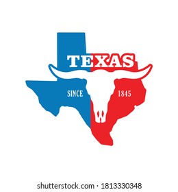 Color illustration of a bull skull, text, map of the state of Texas. Vector illustration of emblem of the state of Texas in red and blue color on a white background. Texas state logo.