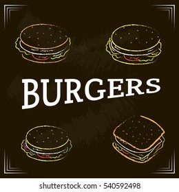 Color illustration of burgers. Vector template for burger menu.