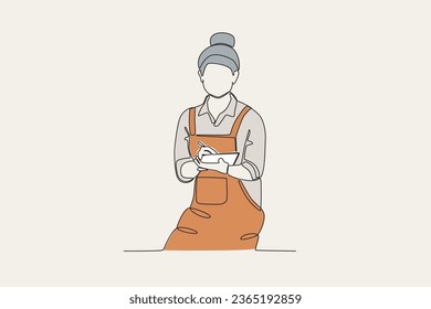 Color illustration of a businesswoman at work. Dia de la mujer emprendedora one-line drawing