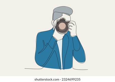 Color illustration of a cameraman taking a picture. World photography day one-line drawing