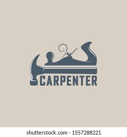 Color illustration of a carpenter service logo. Vector illustration of a planer, hammer and text. Workshop of service and repair of wooden products