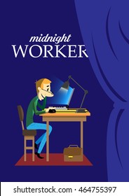 Color illustration of cartoon office worker working at night