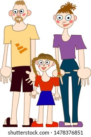 color illustration - children's drawing - father, mother, daughter stand together in summer clothes