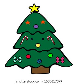 Color illustration christmas tree. Decorations from toys, bows and sweets. Colorless background. Christmas. New Year. Holiday print.