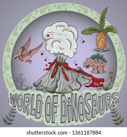 color illustration coloring of small dinosaurs and trees, plants, stones, for design in the style of Doodle vector