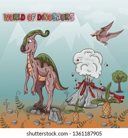 color illustration coloring of small dinosaurs and trees, plants, stones, for design in the style of Doodle vector