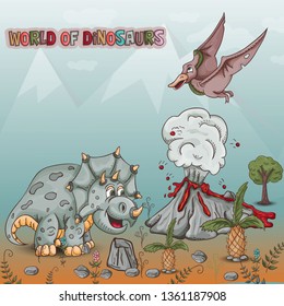 color illustration coloring of small dinosaurs and trees, plants, stones, for design in the style of Doodle vector