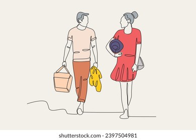 Color illustration of a couple going on a picnic. Spring one-line drawing