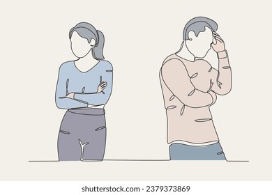 Color illustration of a couple quarreling. Breakup one-line drawing