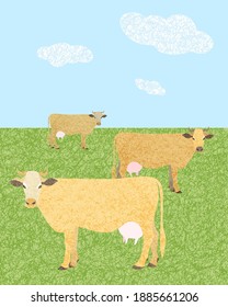 Color illustration of cows grazing in a meadow. Style using a texture. Design for a poster or postcard. Plot illustration.