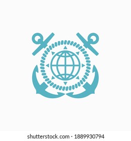 Color illustration of crossed anchors, rope, globe, compass on a gray background. Vector illustration for logo, emblem, badge, sticker. Symbols on the marine theme. Ocean cruise.