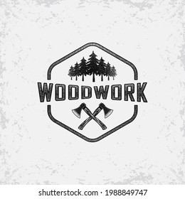 Color illustration of crossed axes, forest and text on the background. Design element for poster, emblem, print, label, sign and sticker. Vector illustration. Woodwork. Carpenter services.