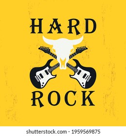 Color illustration of crossed guitars, bull skull, text on background with texture. Vector illustration in vintage style for poster, flyer, postcard, emblem. Hard rock symbolism.
